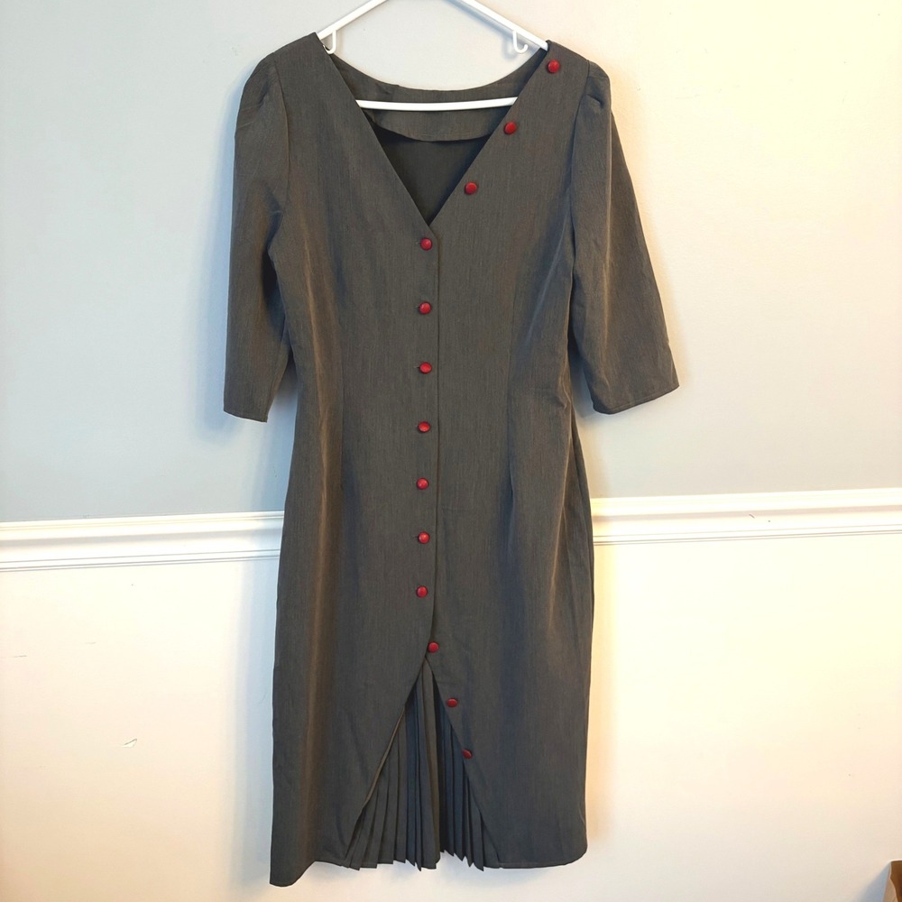 Vintage 40s Rockabilly Style Gray Sheath Dress Red Buttons Pleated Midi Large